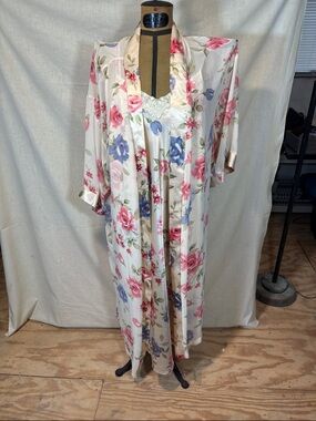 Floral Satin Robe & Slip Set in Ivory with Pink and Blue floral pattern